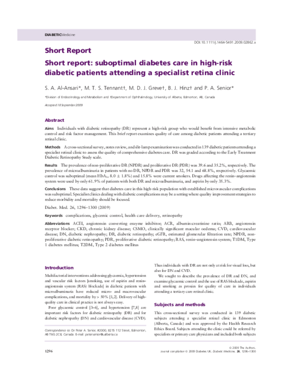 (PDF) Short report suboptimal diabetes care in highrisk diabetic