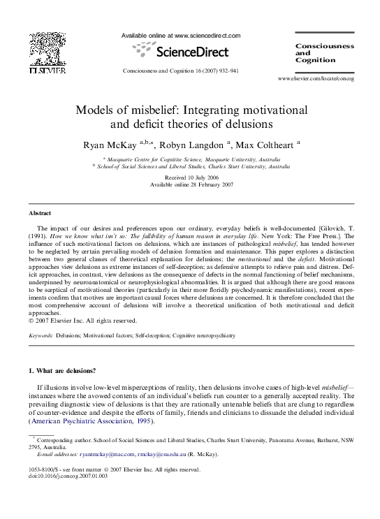 (PDF) Models of misbelief: Integrating motivational and deficit ...