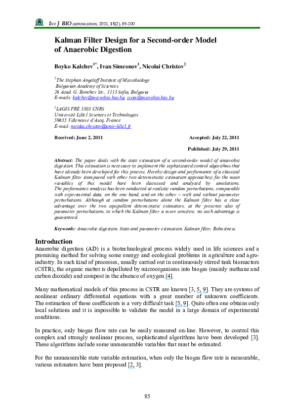(PDF) Kalman filter design for a second-order model of anaerobic digestion