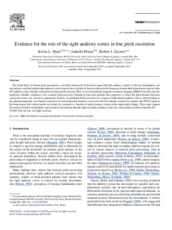(PDF) Evidence for the role of the right auditory cortex in fine pitch ...