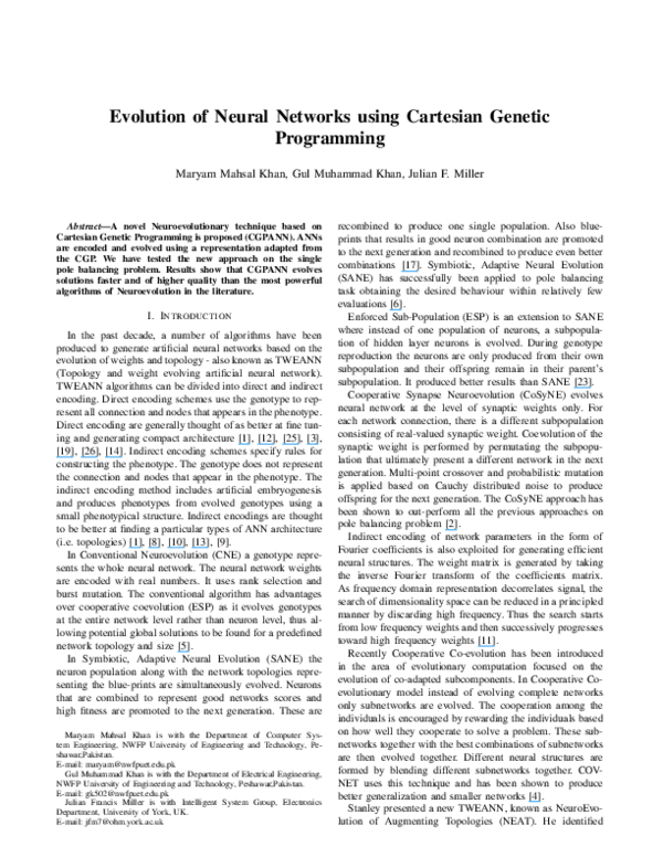 (PDF) Evolution of neural networks using Cartesian Genetic Programming