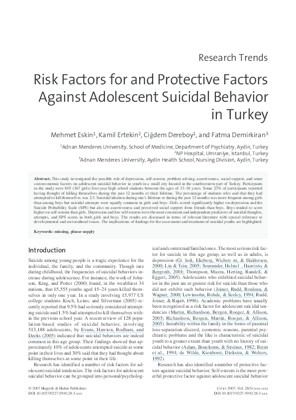 (PDF) Risk factors for and protective factors against adolescent ...
