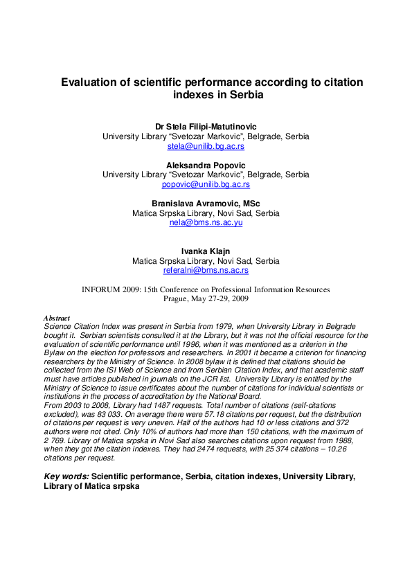 Pdf Evaluation Of Scientific Performance According To Citation Indexes In Serbia Stela Filipi Matutinovic Academia Edu