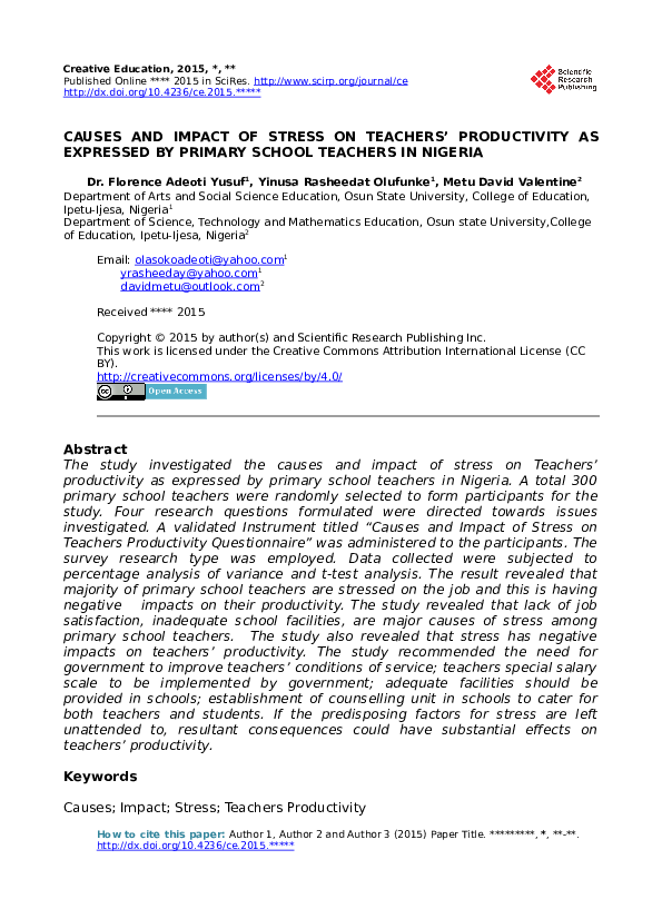 (DOC) CAUSES AND IMPACT OF STRESS ON TEACHERS' PRODUCTIVITY AS ...