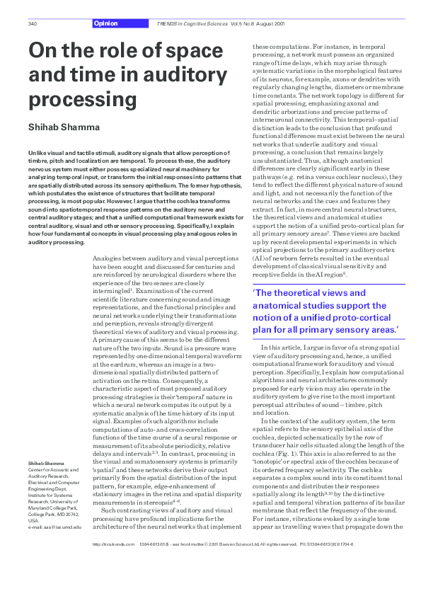 (PDF) On the role of space and time in auditory processing