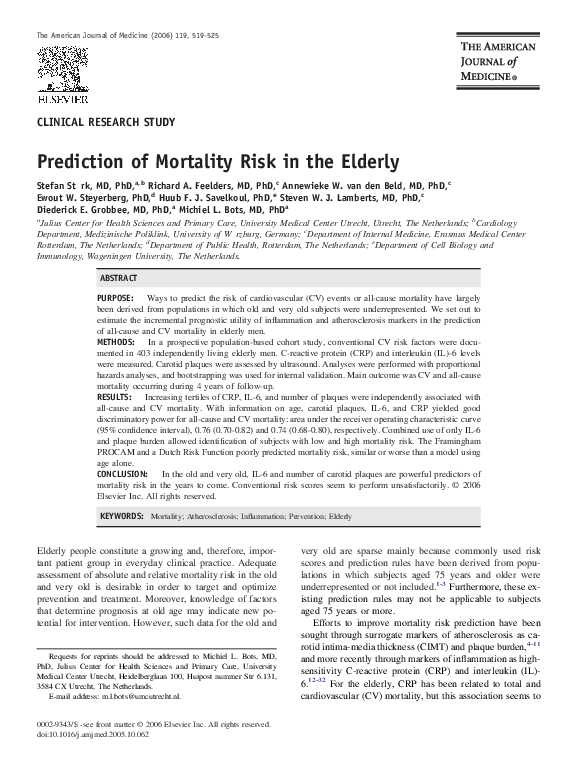 (PDF) Prediction of Mortality Risk in the Elderly