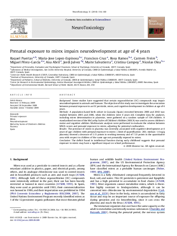(PDF) Prenatal exposure to mirex impairs neurodevelopment at age of 4 years