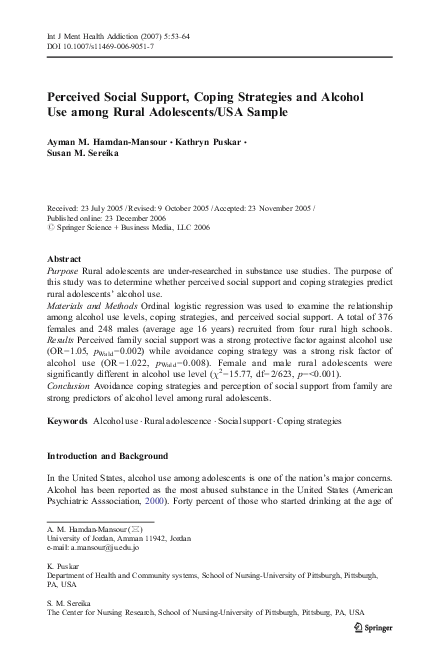 (PDF) Perceived Social Support, Coping Strategies and Alcohol Use among ...