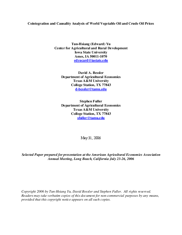 (PDF) Cointegration and Causality Analysis of World Vegetable Oil and ...