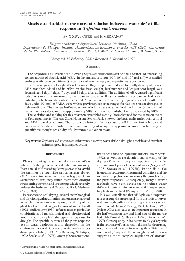 (PDF) Abscisic acid added to the nutrient solution induces a water ...