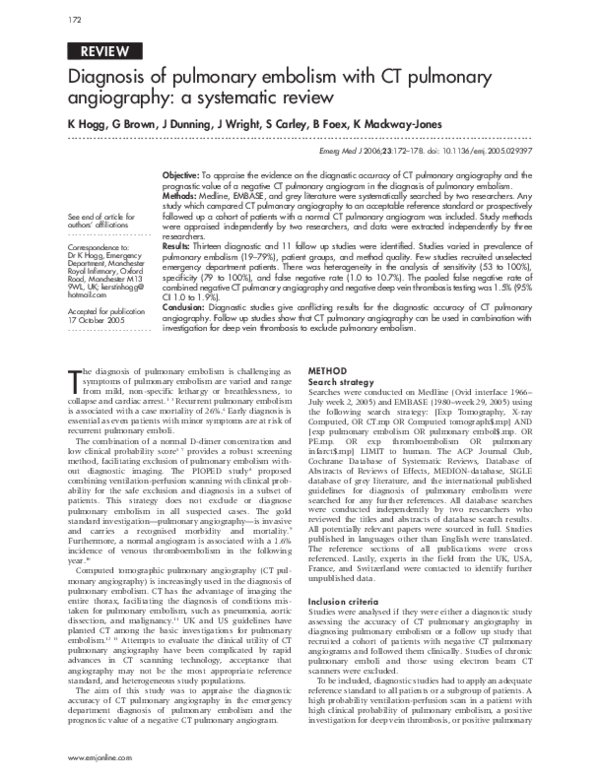 (PDF) Diagnosis of pulmonary embolism with CT pulmonary angiography: a ...