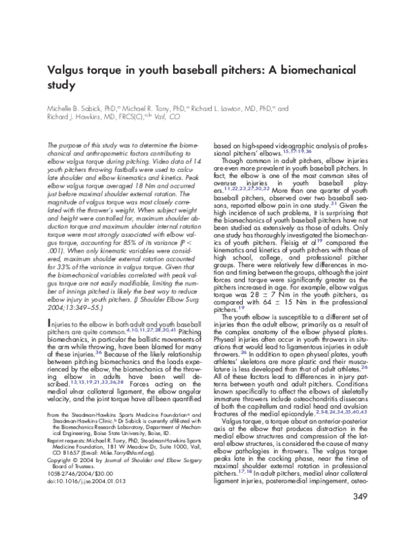 (PDF) Valgus torque in youth baseball pitchers: A biomechanical study