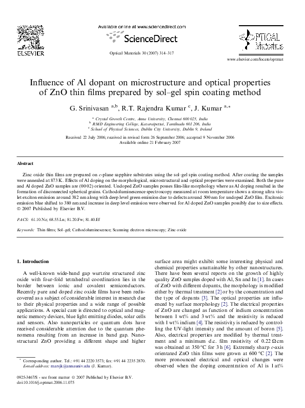 (PDF) Synthesis and Properties of ZnO/Al Thin Films Prepared by Dip