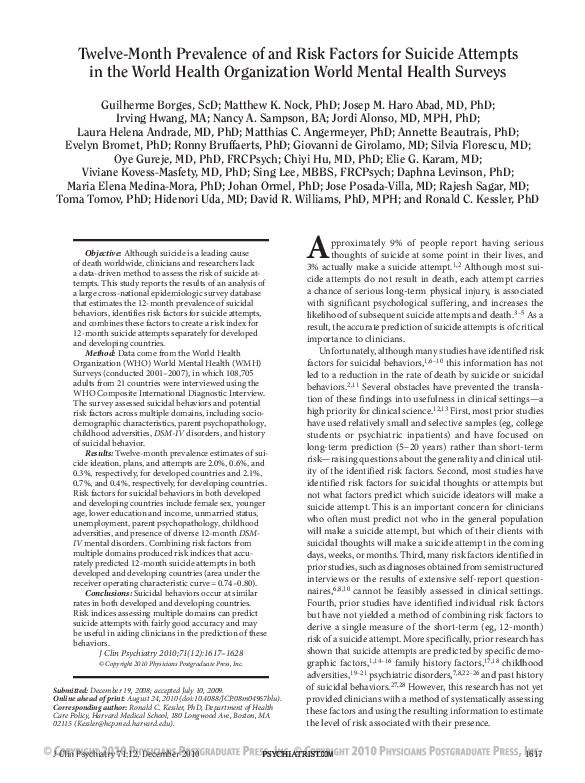 (PDF) Twelve-Month Prevalence of and Risk Factors for Suicide Attempts ...