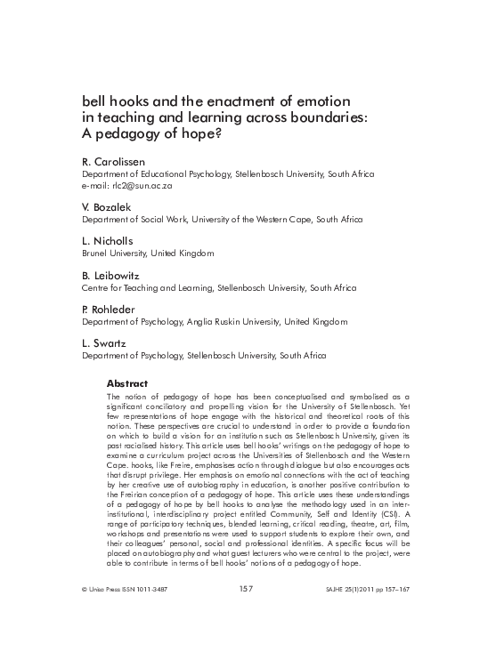 (PDF) bell hooks and the enactment of emotion in teaching and learning across boundaries A