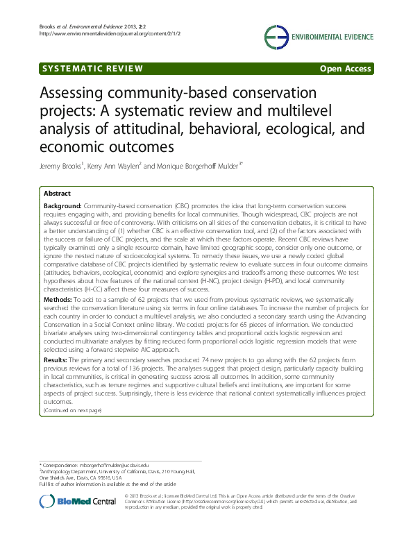 Environmental Education Outcomes For Conservation A Systematic Review (PDF) Assessing community-based conservation projects: A systematic