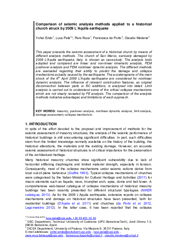 (PDF) Comparison of seismic analysis methods applied to a historical ...
