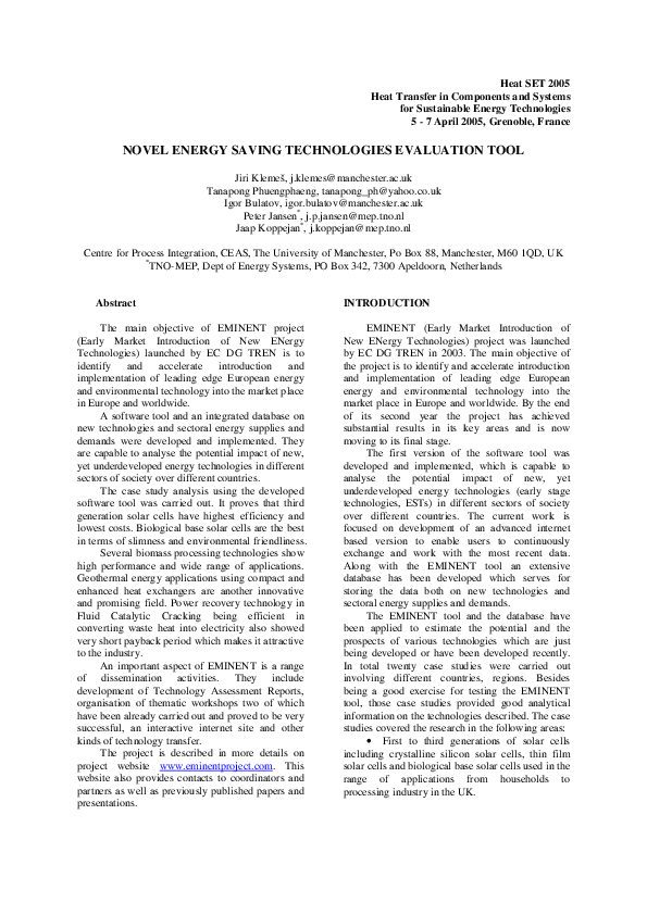 (PDF) Novel energy saving technologies evaluation tool