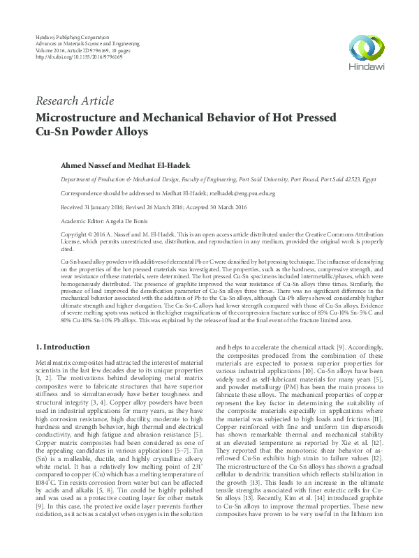 (PDF) Microstructure and Mechanical Behavior of Hot Pressed Cu-Sn ...