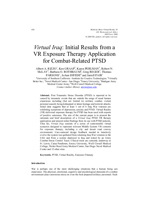 (PDF) Virtual Iraq initial results from a VR exposure therapy