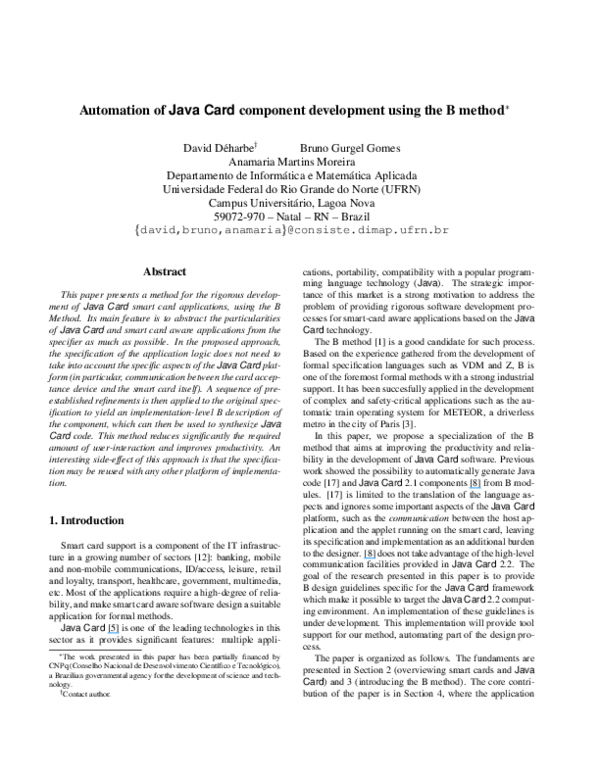 (PDF) Automation of Java Card component development using the B method
