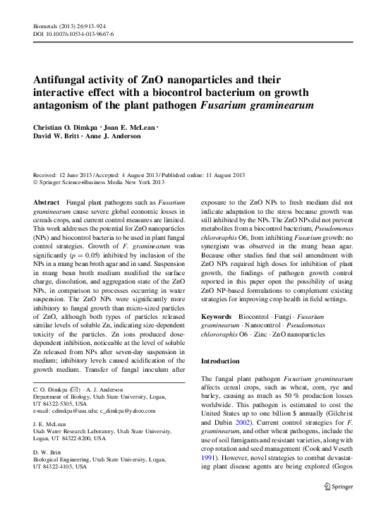 (PDF) Antifungal activity of ZnO nanoparticles and their interactive ...