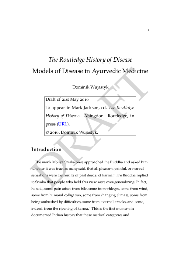 First page of “Models of Disease in Ayurvedic Medicine”