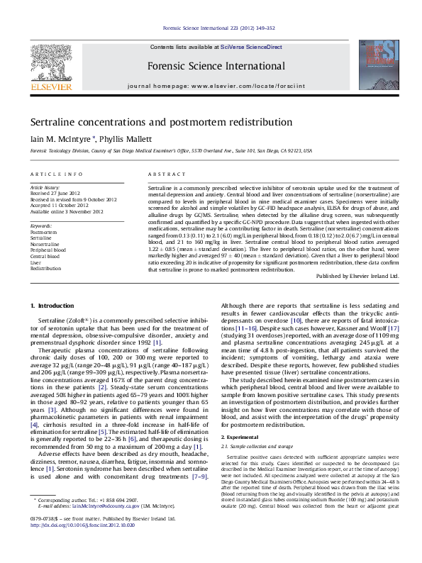 (PDF) Sertraline concentrations and postmortem redistribution