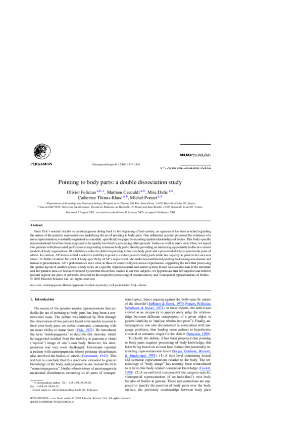 (PDF) Pointing to body parts: a double dissociation study