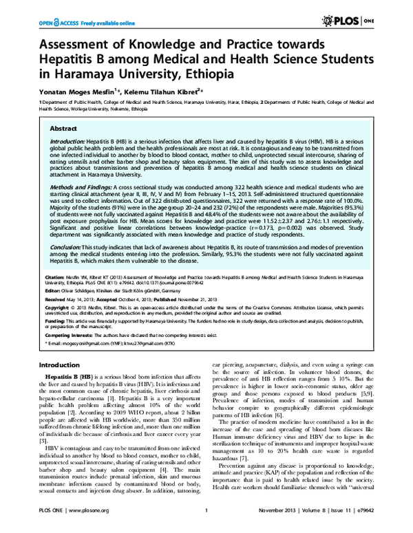 (PDF) Assessment of Knowledge and Practice towards Hepatitis B among ...