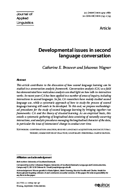 (PDF) Developmental issues in second language conversation