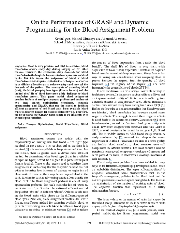 (PDF) On the performance of GRASP and dynamic programming for the blood ...