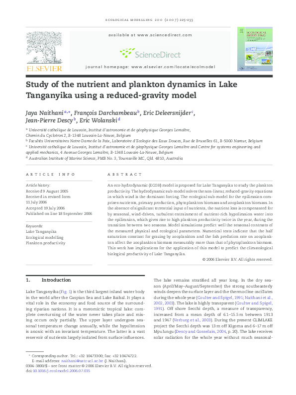 (PDF) Study of the nutrient and plankton dynamics in Lake Tanganyika ...