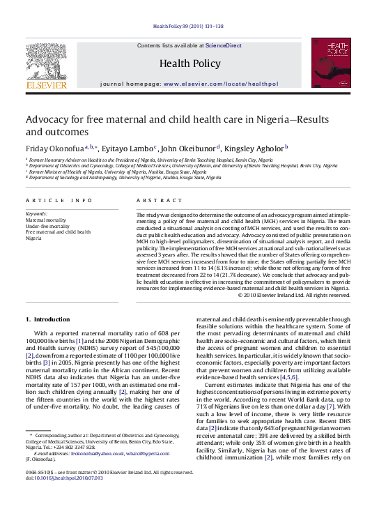 (PDF) Advocacy for free maternal and child health care in Nigeria ...