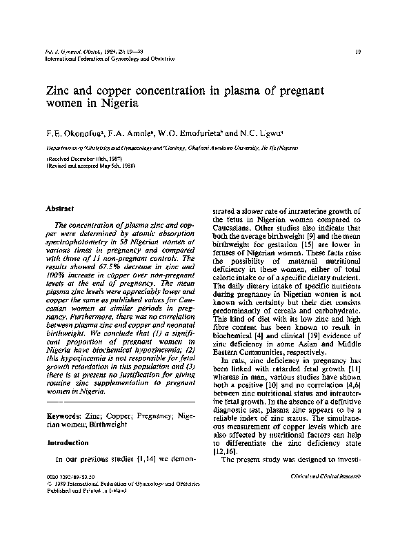 (PDF) Zinc and copper concentration in plasma of pregnant women in