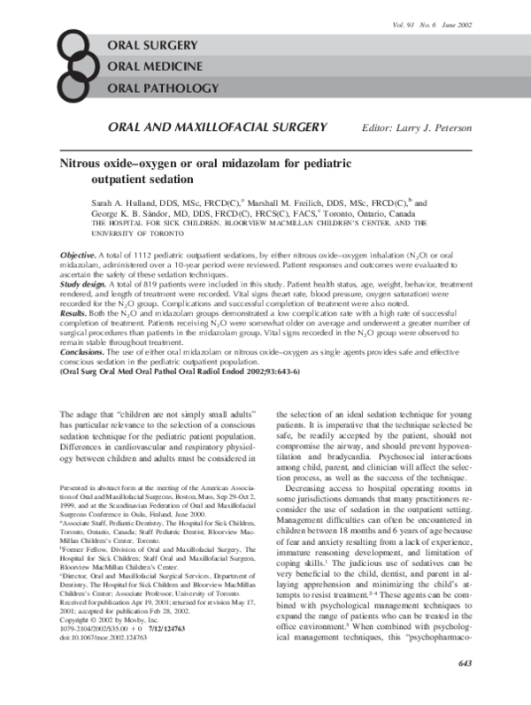 (PDF) Nitrous oxideoxygen or oral midazolam for pediatric outpatient