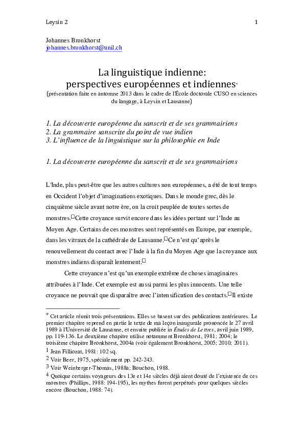 First page of “La linguistique indienne: perspectives européennes et indiennes”