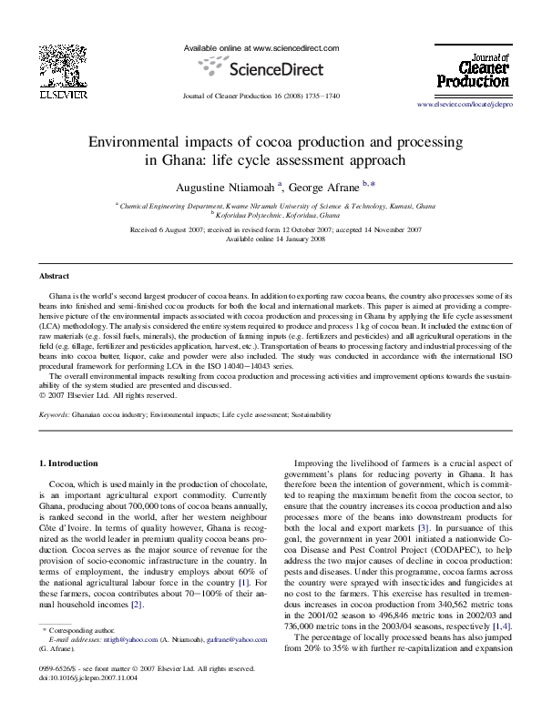 (PDF) Environmental impacts of cocoa production and processing in Ghana