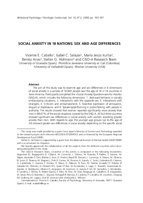 (PDF) Social anxiety in 18 nations: sex and age differences