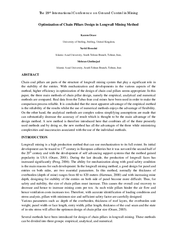Pdf Optimization Of Chain Pillars Design In Longwall Mining Method Kazem Oraee Academia Edu