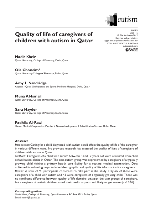 (PDF) Quality of life of caregivers of children with autism in Qatar