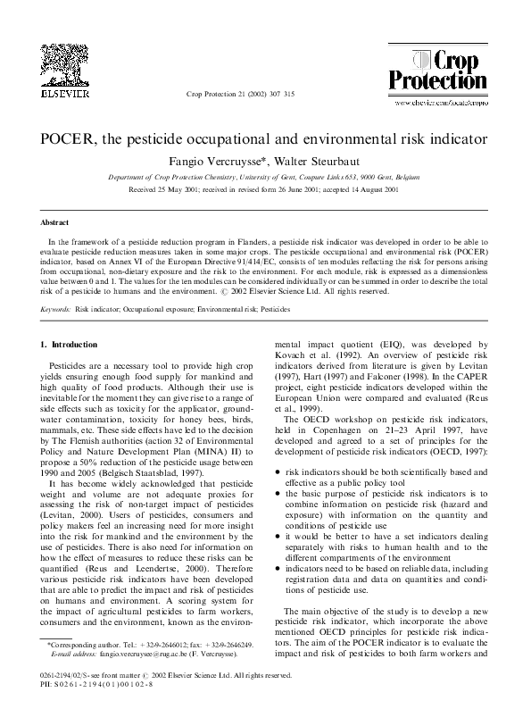 (PDF) POCER, the pesticide occupational and environmental risk indicator