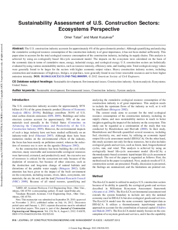(PDF) Sustainability Assessment of U.S. Construction Sectors ...