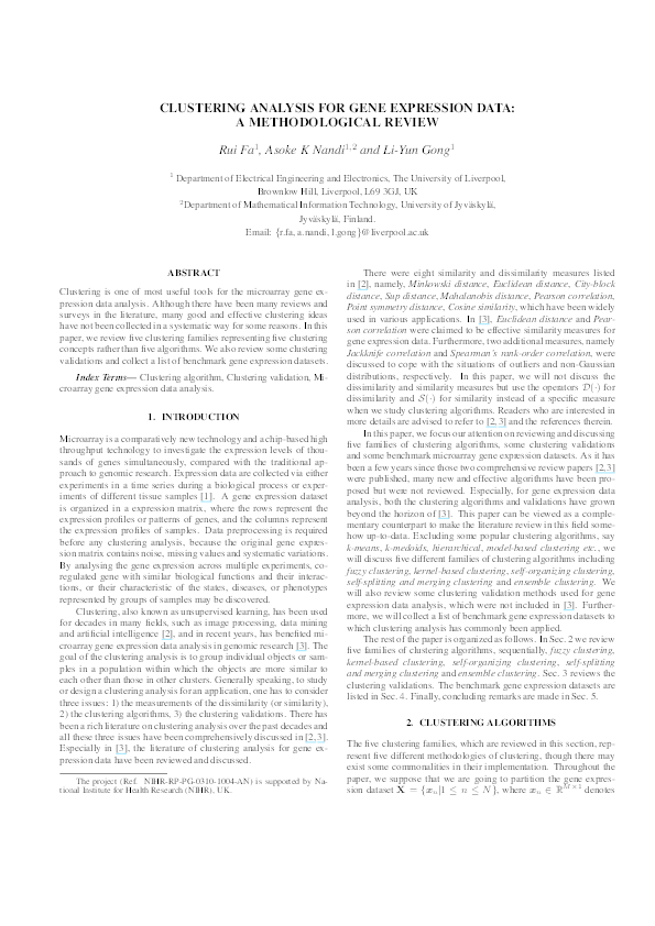 (PDF) Clustering analysis for gene expression data: A methodological review