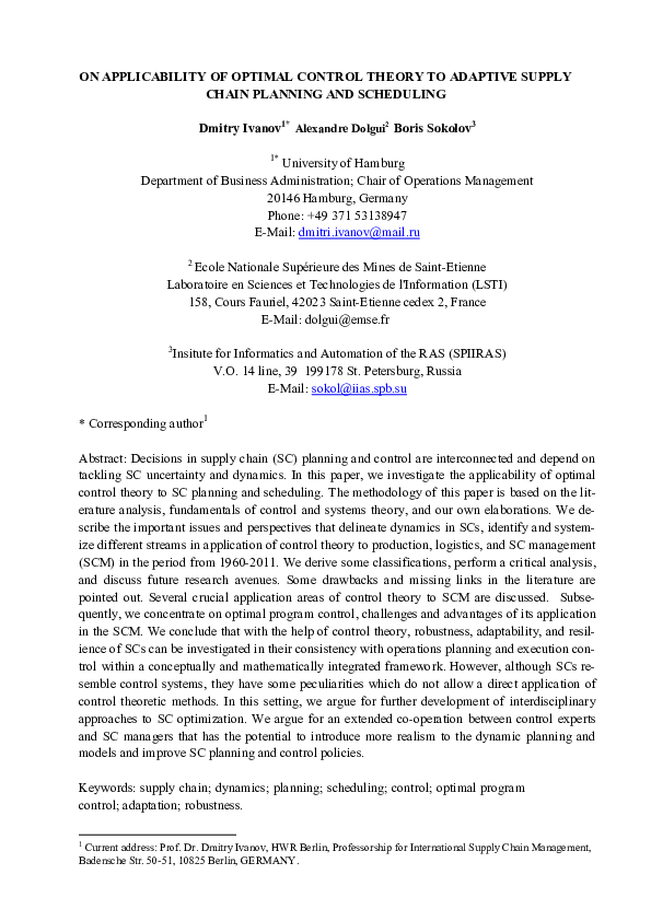 (PDF) Applicability of optimal control theory to adaptive supply chain ...