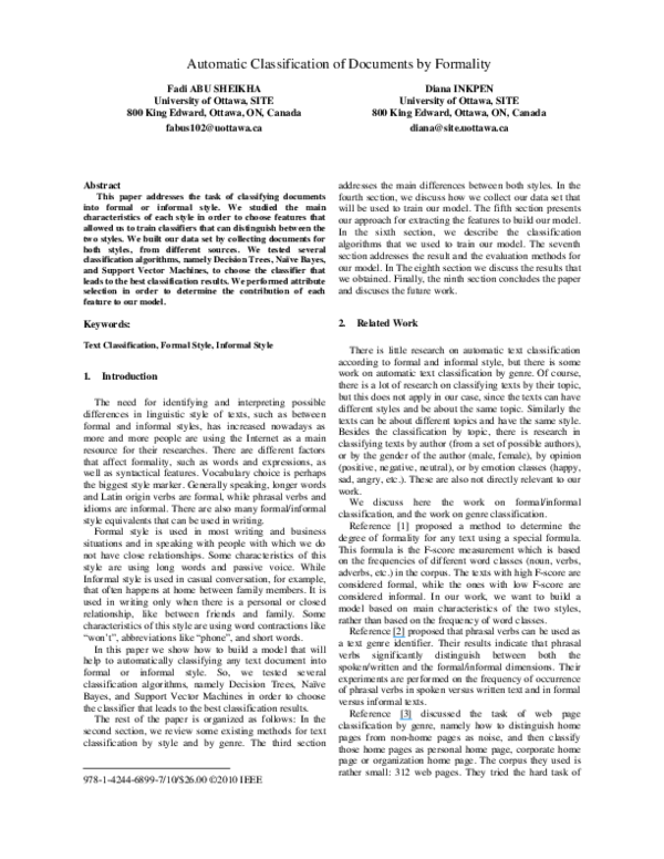 (PDF) Automatic classification of documents by formality