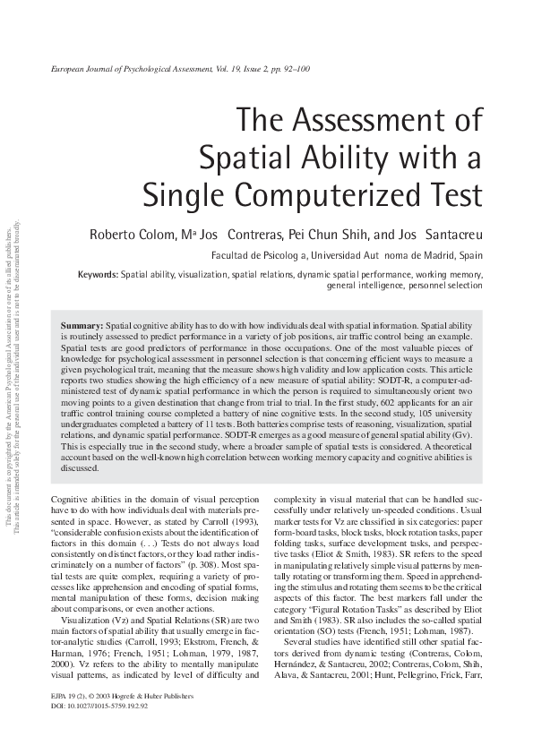 (PDF) The Assessment of Spatial Ability with a Single Computerized Test