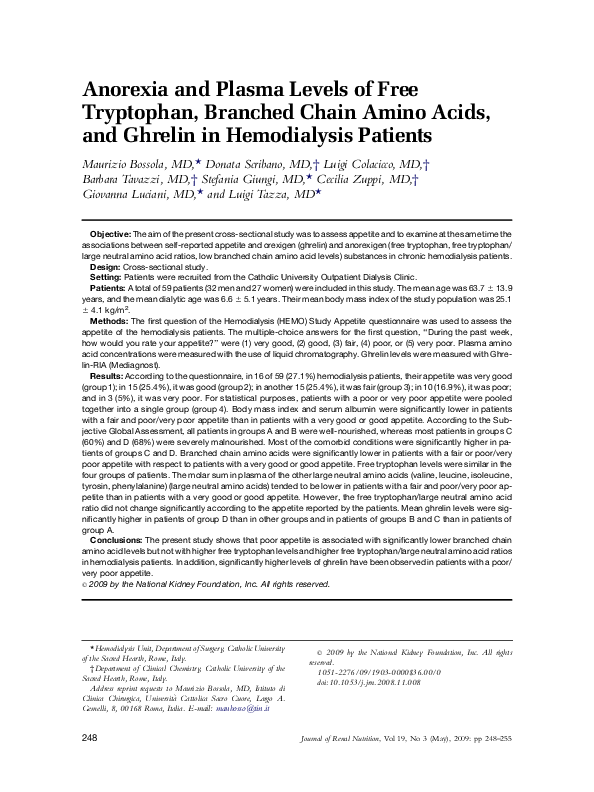 (PDF) Anorexia and Plasma Levels of Free Tryptophan, Branched Chain ...