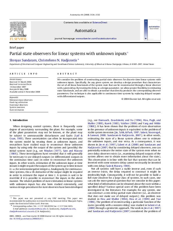 (PDF) Partial state observers for linear systems with unknown inputs