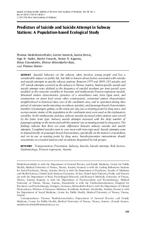 (PDF) Predictors of Suicide and Suicide Attempt in Subway Stations: A ...